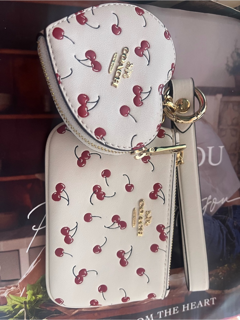 Coach Cream Leather Double Pouch Crossbody with Red Cherry Print